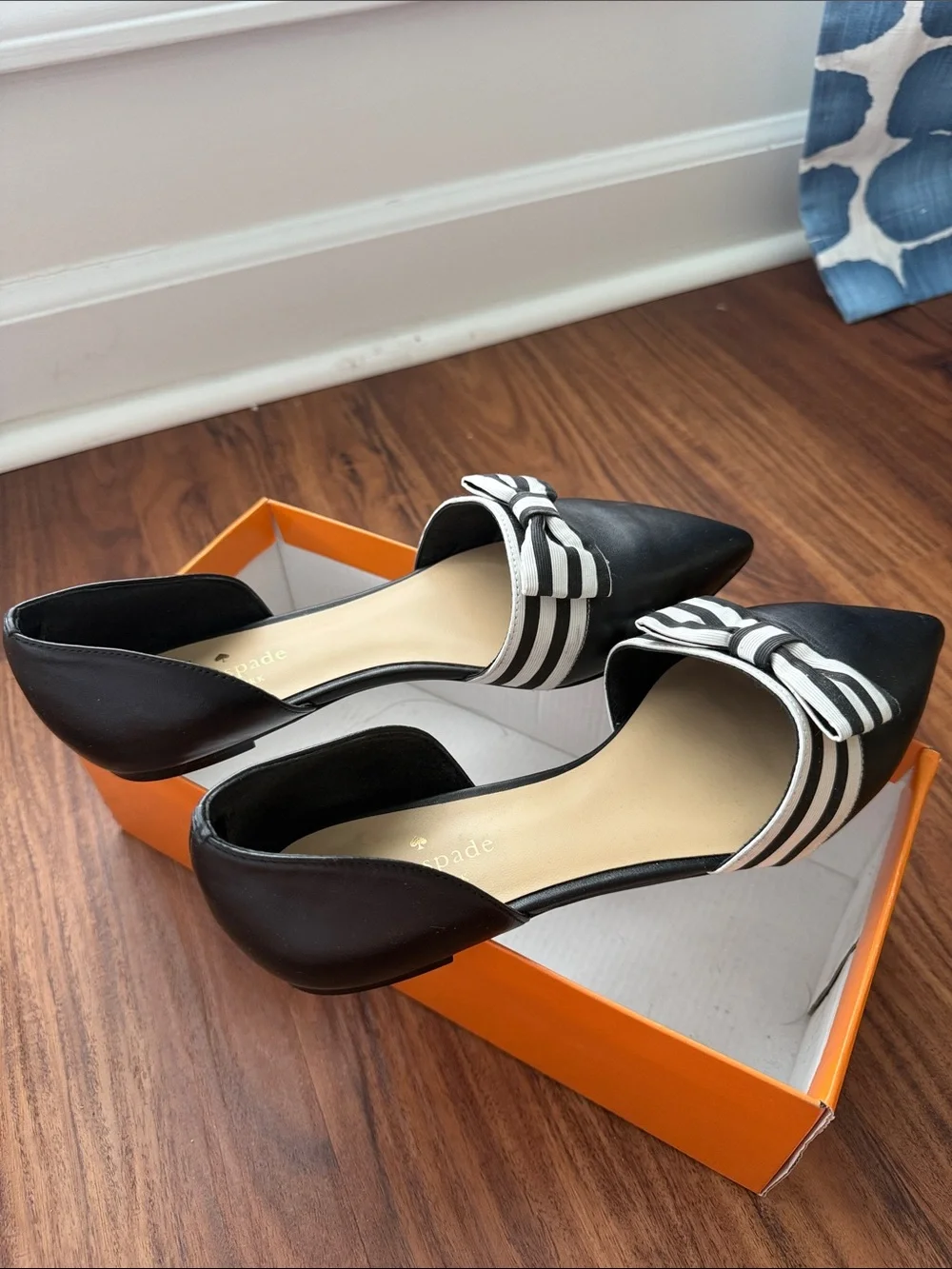 kate spade Black Pointed-Toe Flats with Black & White Striped Bow - Picture 3 of 5